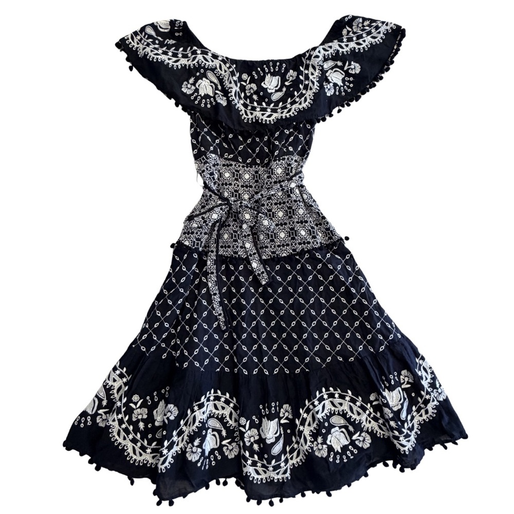 Anthropologie Black & White Off-Shoulder Bohemian Dress W/ Belt | Size 6 | NWT